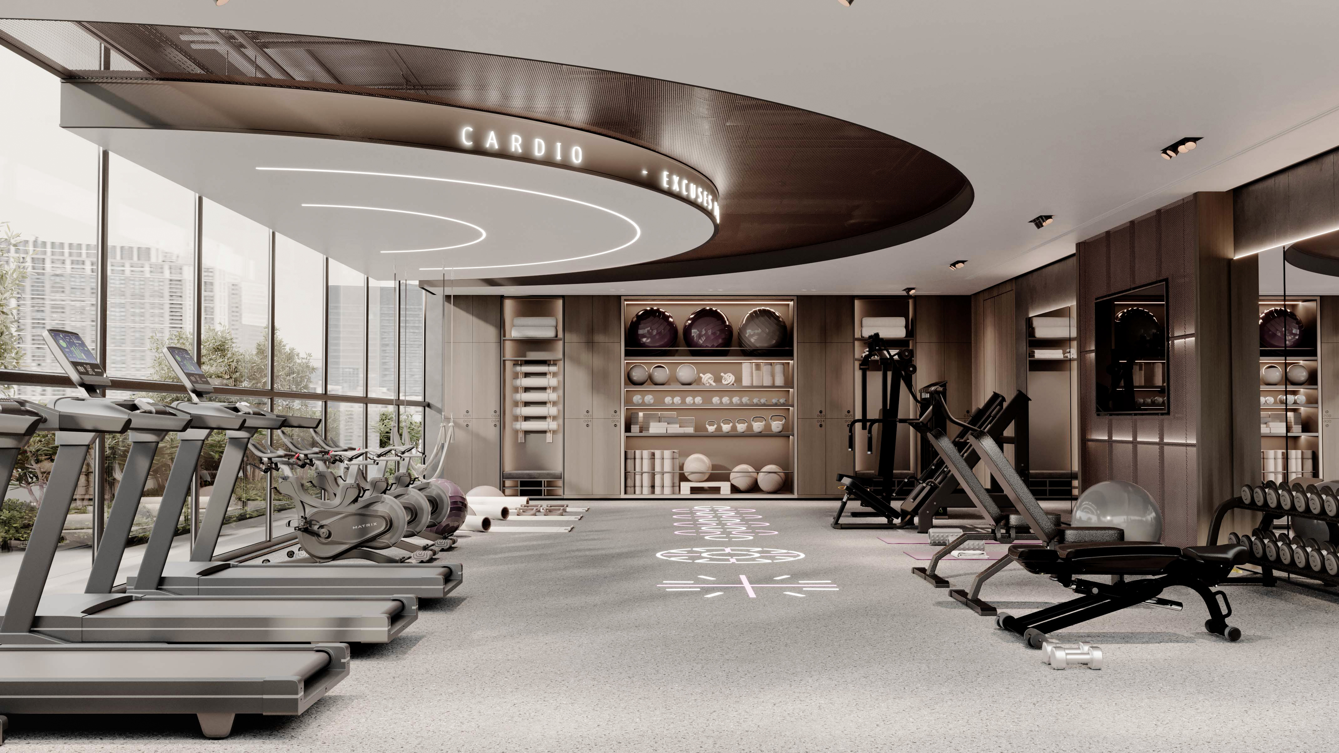 Le Blanc Modern fitness gym with treadmills, exercise equipment, and storage for weights and workout accessories. Large windows.